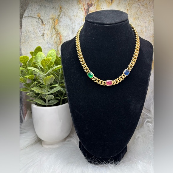 1980s Authentic Christian Dior Multi Stone Yellow Gold Tone Chunky Curb Chain - Picture 2 of 7